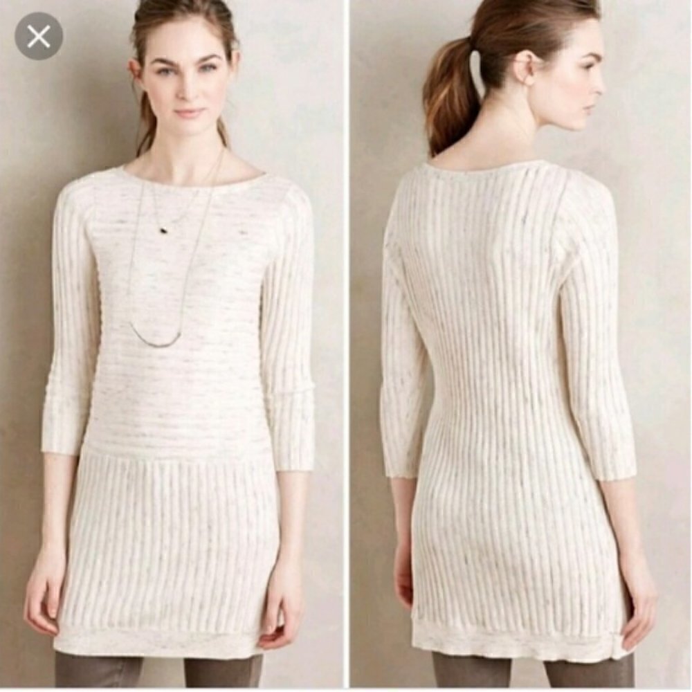 Anthropologie Moth Ivory Ribbed Sweater Tunic Boat Neck Cotton Blend Medium
